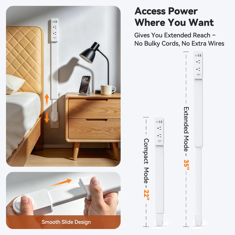 Outlet Extender Stick, 360° Rotating Wall Outlet Expander with 22-35" Extendable Base, 10-in-1 Power Strip Stick with 6 AC Outlets, 4 USB Ports (2 USB-C), Flat Plug for Behind Couch, Home, Office