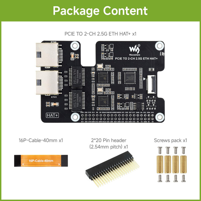 Waveshare PCIe to 2-CH 2.5G ETH, Equipped with Dual RTL8125, Driver Free | Designed for Raspberry Pi 5, plug and play,supports Raspberry Pi OS/Ubuntu/OpenWrt,Dual 2.5G RJ45 ports, PCIe x1 Gen2