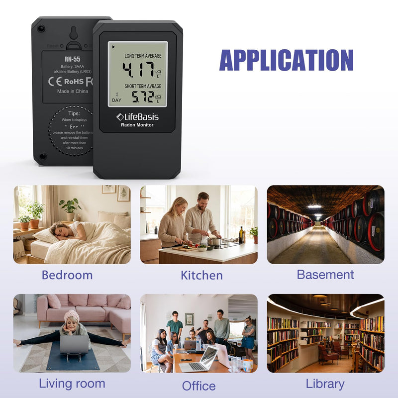 LifeBasis Radon Detector, Radon Test for Home with Long and Short Term Radon Meter, Home Radon Gas Monitor US Version-pCi/L (Update Version, Matte Black)