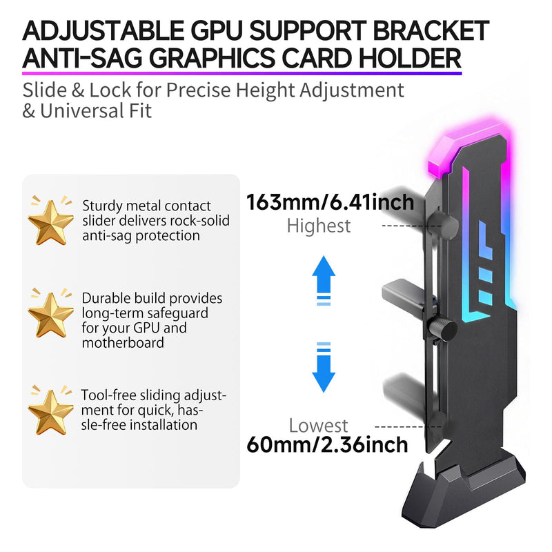GPU Support Bracket, GSCOLER Universal GPU Anti Sag Bracket, 60-163mm Adjustable GPU Stand for Heavy-Duty Graphics Card Support, 16.8M RGB Modes GPU Brace with Magnet & Non-Slip Base for Video Cards