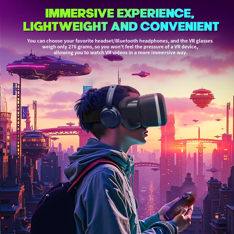 3D VR Headset for 4.7-7" Smartphones, Bluetooth Gamepad Included, Aspheric HD Lenses with Adjustable Myopia & IPD, Anti-Fog Ventilation for Long Gaming Sessions