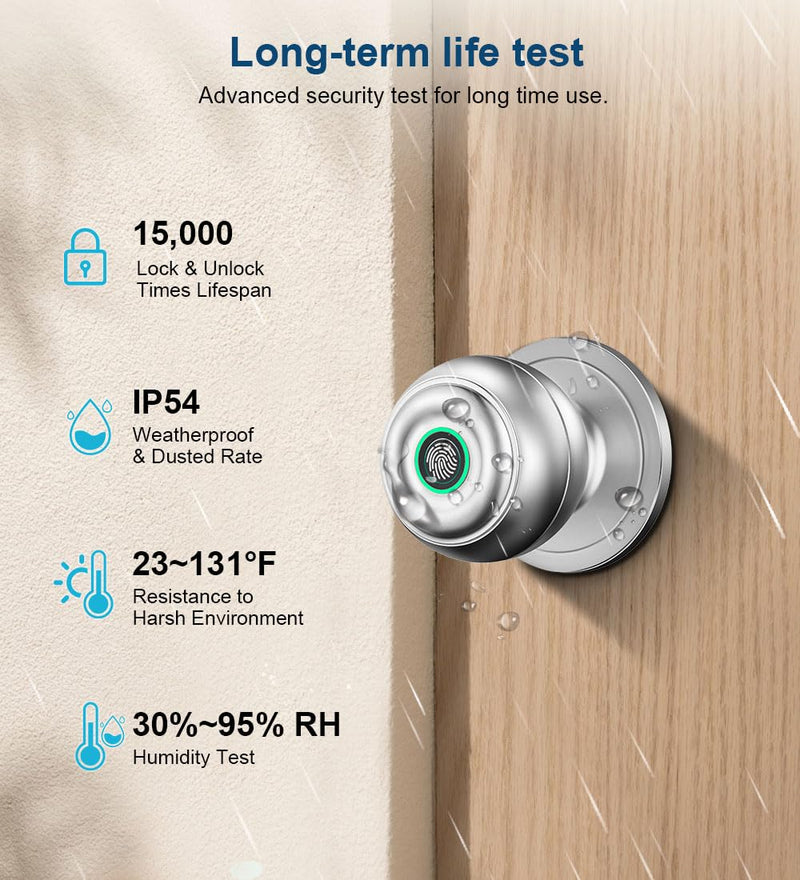 KLLOQUE Fingerprint Door Lock, Smart Fingerprint Door Knob with Lock, Biometric Door Locks with App Control & Key, Keyless Thumbprint Entry Door Locks for Bedroom, Front Door, Home, Apartment-Silver With App-Silver