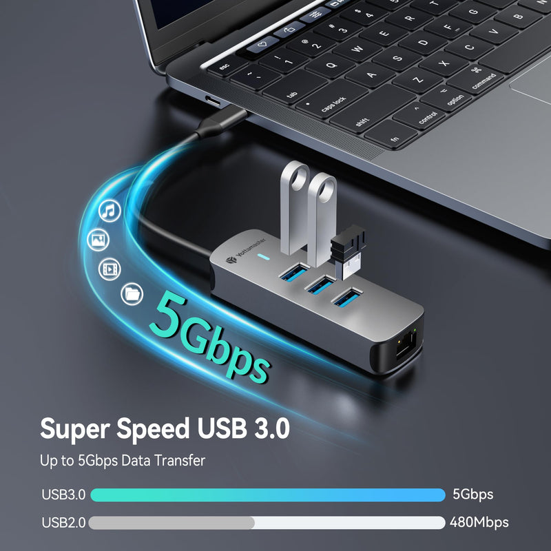 Yottamaster 4-in-1 USB 3.0 Hub with 1 Gigabit Ethernet – 3X USB-A 3.0 Ports, Aluminum LAN Converter, Support Windows 10,8.1,Mac OS, Surface Pro,Linux,Chromebook and More