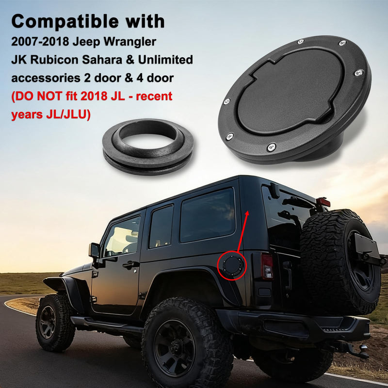 MuHize Aluminum Gas Cap, Fuel Filler Door Cover for 2007-2018 Jeep Wrangler JK Rubicon Sahara & Unlimited Accessories 2 Door & 4 Door, Tank Cap Cover(NOT fit 2018 JL) for JK 2007-2018