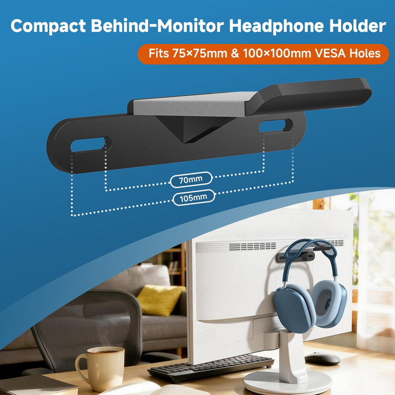 Hidden Headphone Holder for Monitor, VESA Mount Headset Hanger | Acrylic Behind Monitor Headphone Hook for Gaming Desk Setup, Space Saving, 75x75mm 100x100mm VESA Mount Compatible, Black