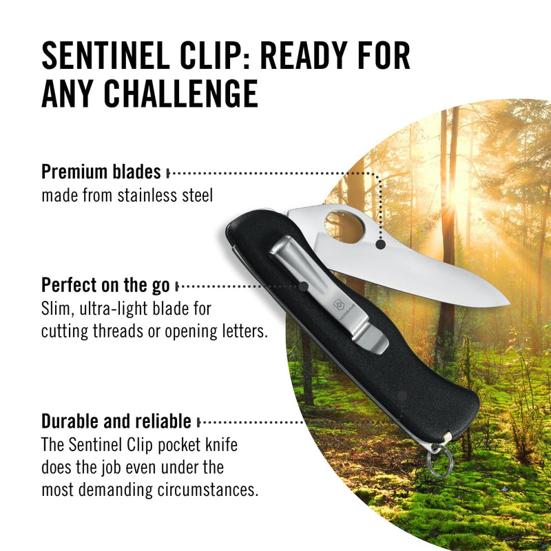 Victorinox Sentinel One-Hand Pocket Knife with Lock Blade and Clip - Black | Swiss made stainless steel construction, 5 functions, ultra lightweight streamlined design, key ring, and slim profile