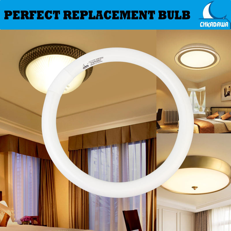 CHKADAWA FC12T9/KB 32 Watt Light Bulb, 12 inch FCL 32W T9 Circular Fluorescent Light Bulb, FC12T9 WW Round Light Bulbs Warm White 3000K, G10q 4 Pin Prong Base, 2 Pack