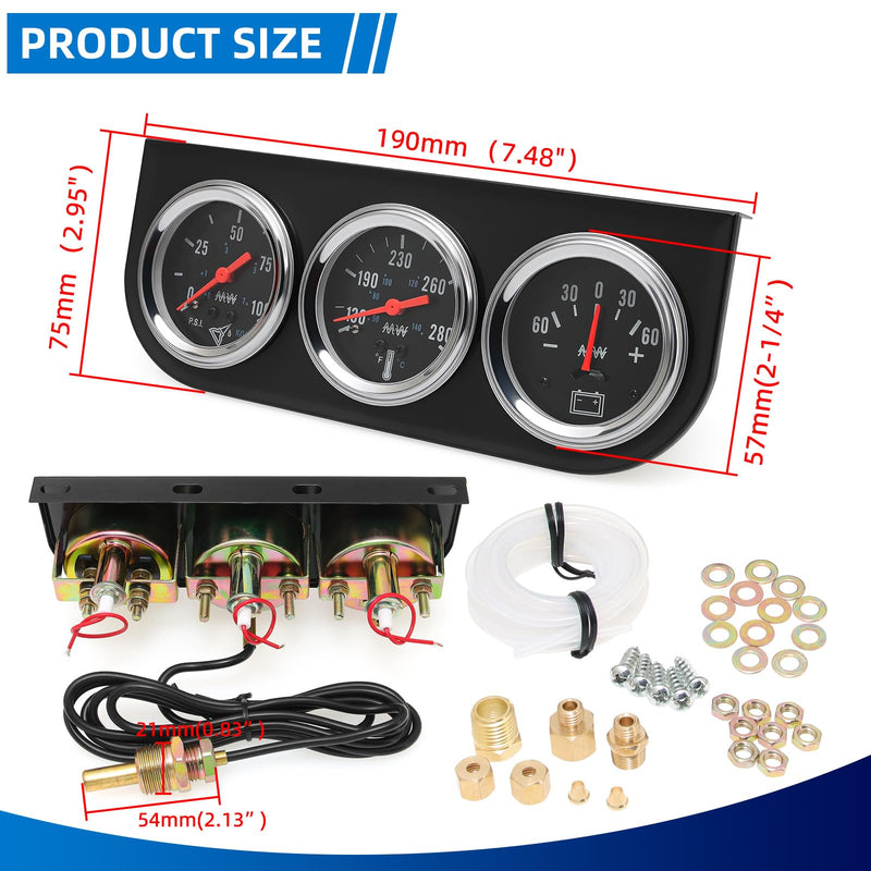 MH 2inch 52mm Triple Gauge Set, Oil Pressure (0-100PSI) Water Temperature (130°F-280°F) Ammeter AMP (-60 to 60) Car Auto 3 Gauges Cluster Set Automotive Kit Black