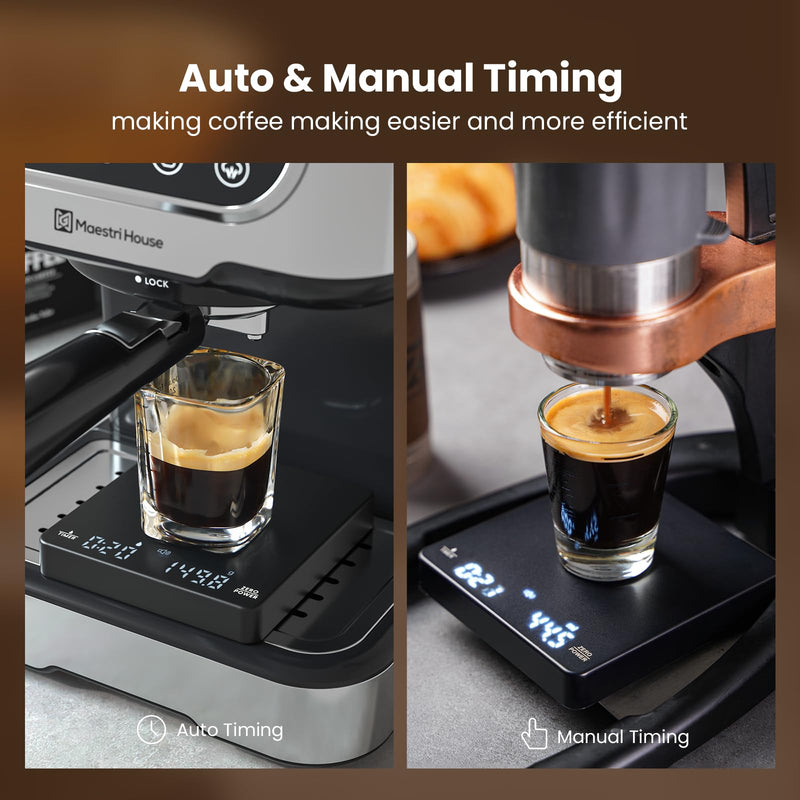 Mini Coffee Scale with Timer, Maestri House Rechargeable Espresso Scale, 2kg/0.1g Accurate Scale for Espresso and Pour-Over Coffee, Portable Digital Kitchen Scale with Automatic Timing-Black Black