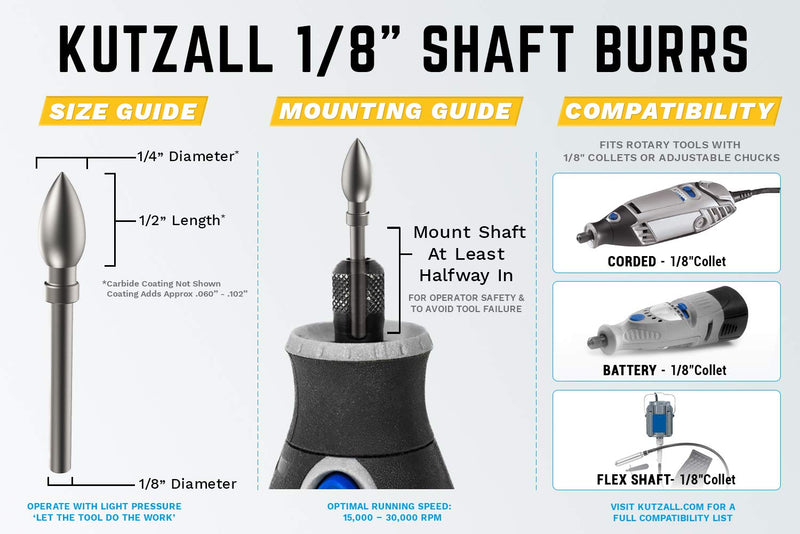 Kutzall 4-Piece Rotary Burr Detail Kit - 1⁄8" Shaft, Fine – Wood Carving Bit for Dremel, Foredom, Ryobi, DeWalt, Milwaukee Tools - Structured Tungsten Carbide, 18FKIT02 Fine Detail Kit