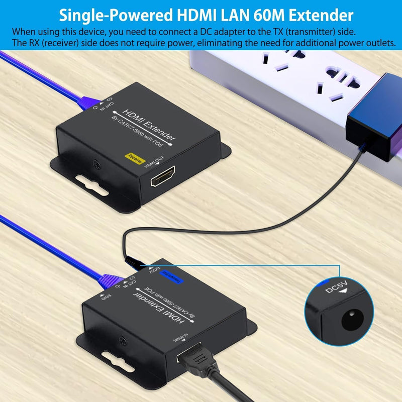 200ft HDMI Extender Over CAT6 CAT7 RJ45 Ethernet to HDMI Converter LAN Extension POC Support 1080P 3D EDID Copy Deep Color Compatible with PC PS4 Roku Unilateral Power Supply gray