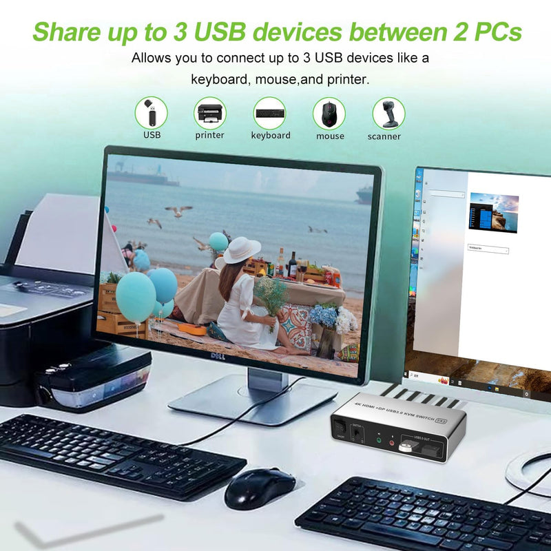 Dual Monitor HDMI Displayport KVM Switch 2 Monitors 2 Computers 4K 60Hz USB3.0 KVM Switcher HDMI+DP 3 USB Ports KVM Switcher for 2 PC Sharing Keyboard Mouse Printer Mic and Audio Output HDMI+DP KVM Switch 2 Monitors 2 Computers