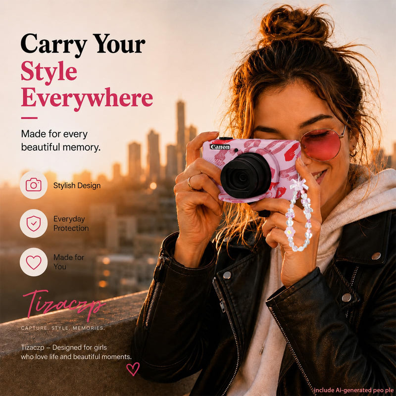 Cute Camera Case for Canon PowerShot SX740 HS/SX730 HS,Silicone Protective Cover with Removable Lens Cap,Wrist Strap & 2 Pack Tempered Glass Screen Protector for Women (Pink Lips) Pink Lips