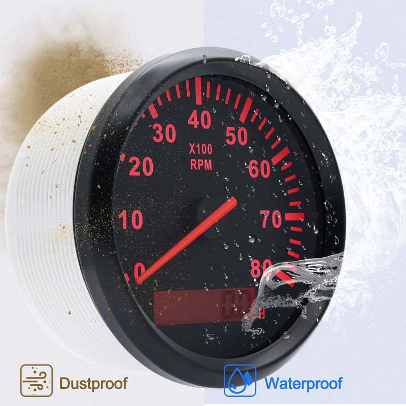 Geloo 85mm Marine Tachometer Gauge Waterproof Boat RPM Tachometer Outboard 0-8000 RPM Tacho Meter for Car Truck 8000RPM Tacometro Meter with LCD Digital Hour Meter Red Backlight 12V/24V Black