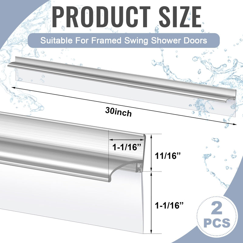 Hicarer 2 Pcs 30" Chrome Framed Shower Door Replacement Drip Rail with Vinyl Sweep, Shower Door Water Deflector with Bottom Seal, Applied Mounting Tape and Screws(Sliver) Silver 30''