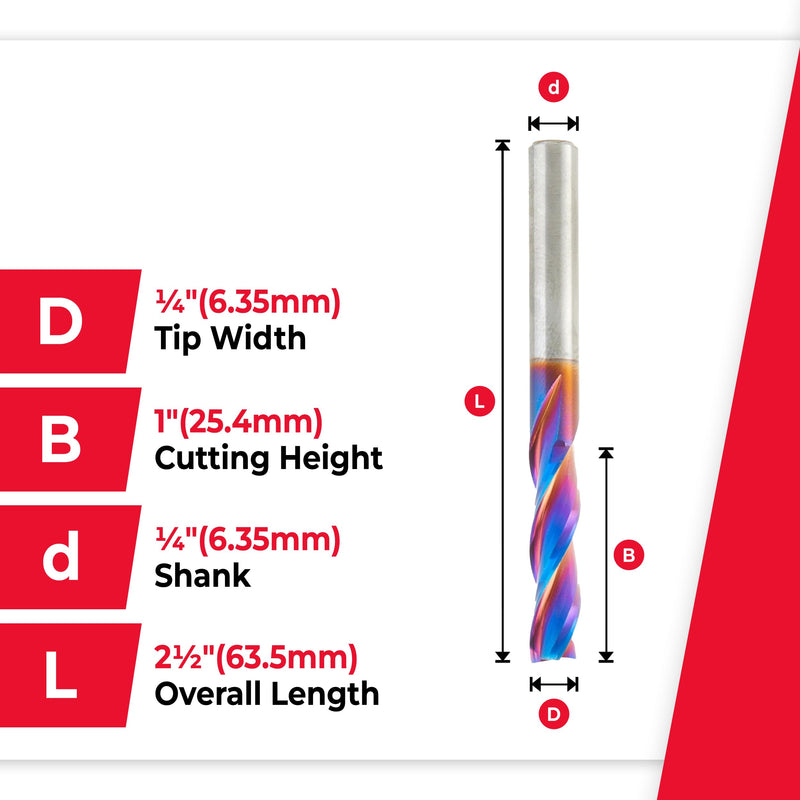 Amana Tool Spektra Extreme Tool Life Solid Carbide CNC Down-Cut Spiral Plunge Router Bit, 46054-K, 1/4 Dia x 1 CH x 1/4 SHK 2-1/2 Inch Long 3 Flute