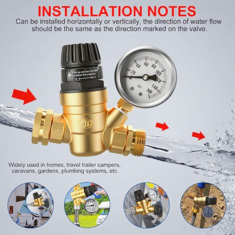 RV Water Pressure Regulator with Gauge,0-160psi Glycerin Liquid Filled Pressure Regulator Thicker Lead-free BrassKnob Valve Body,Knob Adjustment Water Pressure Gauge Regulator for RV Camper