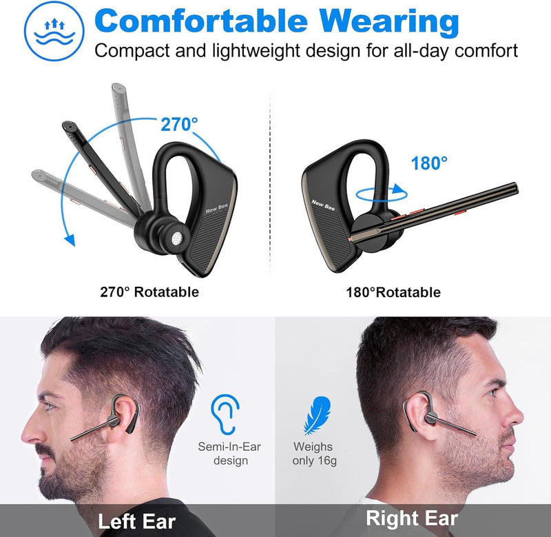 New Bee Bluetooth Earpiece V5.2 Wireless Headset 24Hrs Talktime Black | CVC8.0 Dual Mic, Noise Cancelling, iPhone/Android/Driver/Business/Office