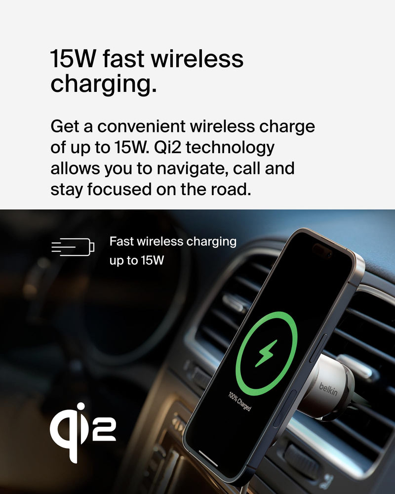 Belkin 15W MagSafe-Compatible Wireless Car Charger, Vent Mount | iPhone 17/16/15/14/13, Pixel 10 compatible, fast charging, secure vent mount, hands-free driving Charging Mount