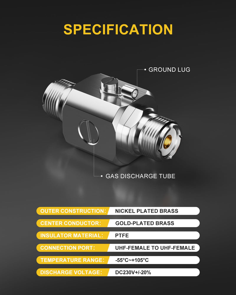 Coaxial Lightning Arrester,UHF Female-to-Female Suppressor Connectors Coax Cable Lightning Surge Protector for HF Radio，RF，VHF, UHF, CB, Ham, Two-Way Radio Ham Antenna 1 Pack UHF-Female/UHF-Female