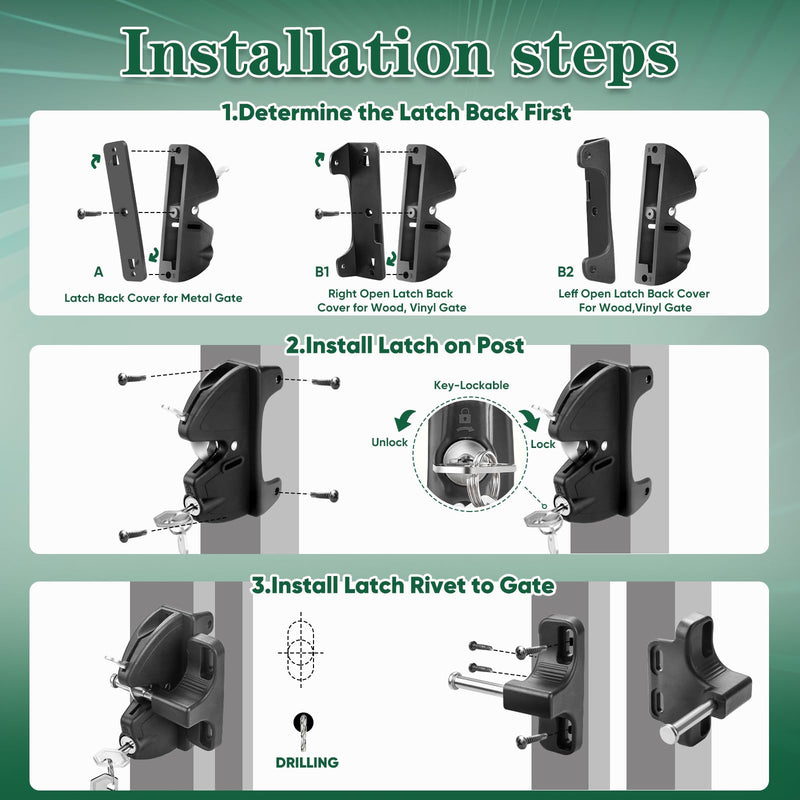 Gate Latch Key, Gate Latch Gate Fence Lock, for Outdoor Gates, Square Frame Post Metal, Wood, Vinyl Fence Gates, Black