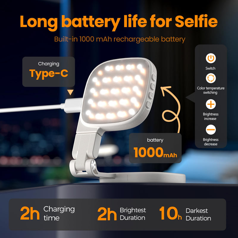 Magnetic Selfie Light, 3 Color Modes, 1000mAh Foldable & Rotatable Fill Light, Compatible with iPhone 11-17 Series, Samsung, MagSafe, White