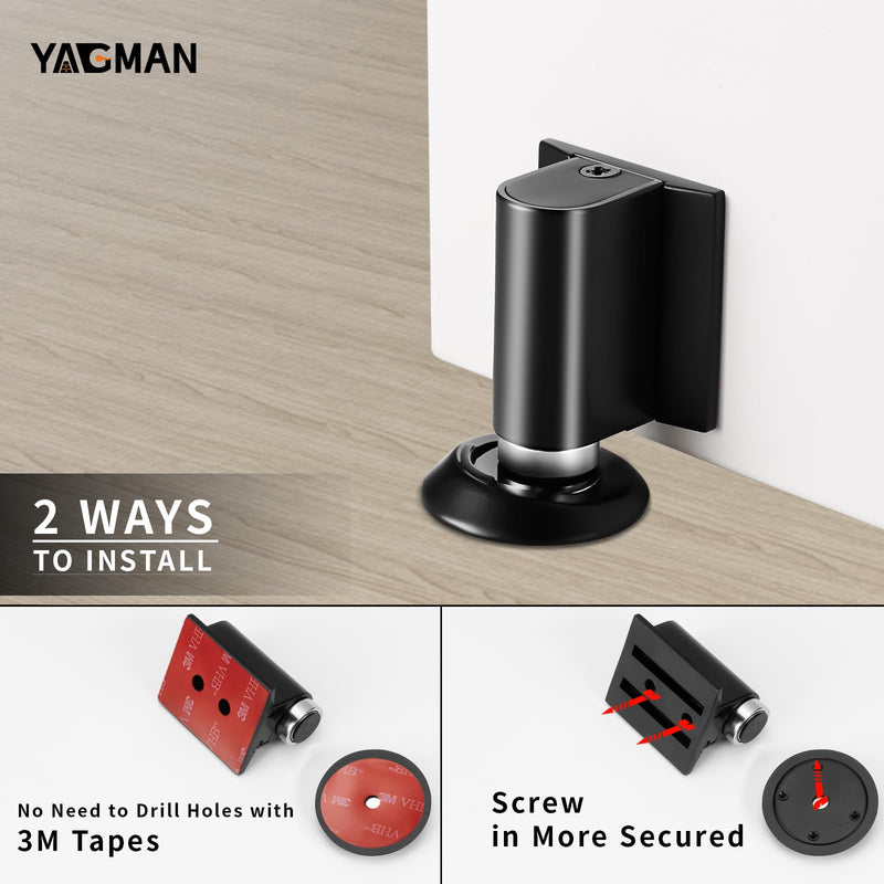 2 Pack Magnetic Door Stopper Floor Mount, No Drilling Adhesive Door Holder, Retractable Magnetic Door Stop, Keep Door Open, Windproof Door Catch for Home, Pet and Renters, Black 2