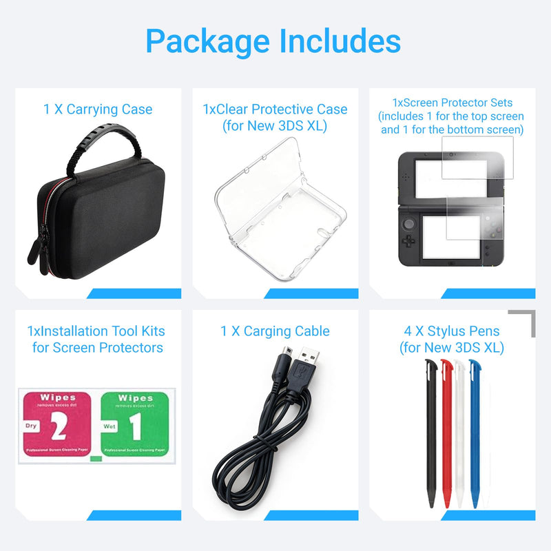 QUBAMG 6-1 Accessories Kit Compatible with New Nintendo 3DS XL/LL, Hard EVA Carrying Case, Clear PC Protective Case, Charger Cable, 4 Replacement Stylus Pens, Screen Protector Set, Cleaning Wipes, Full Protection Bundle
