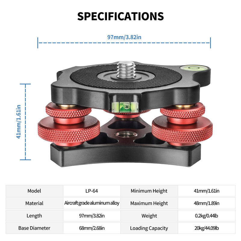 Camera Leveler Tripod Leveling Base Tri-Wheel Head for Macro Photography Aluminum w Bubble Level 3 Axis Level with +/-5 Degree Precision Adjustment for DSLR Camera Rotator Panoramic Head LP-64