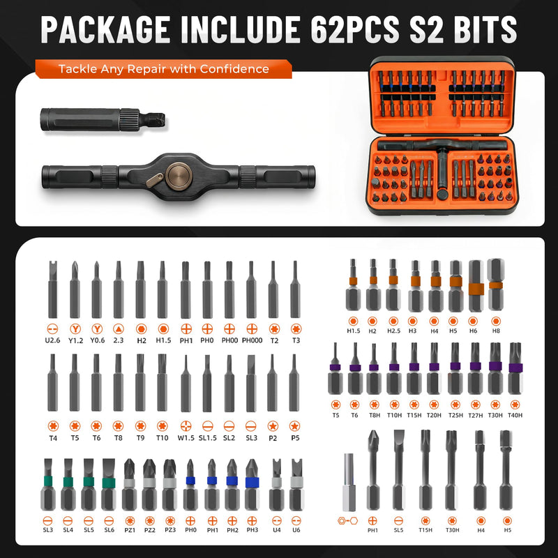 66 in 1 Magnetic Ratchet Screwdriver Set, Professional S2 Steel Precision Tool Kit with Allen Key & Hex Wrench, Ratcheting Driver for Furniture Assembly, Laptop Repair, Gift for Men