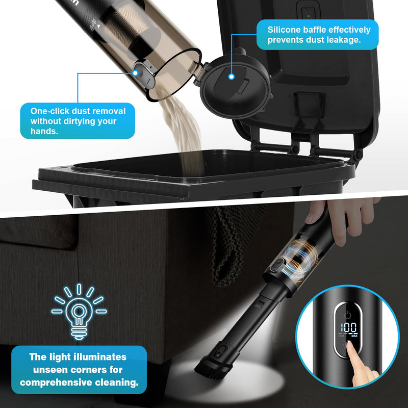 Handheld Vacuum Cordless, Upbooz Portable Car Vacuum, 14000PA Powerful Suction Vacuum Cleaner with LED Light and Air Duster 2 in 1, Low Noise Rechargeable Mini Hand Held Vacuum for Car Home Pet Office Black