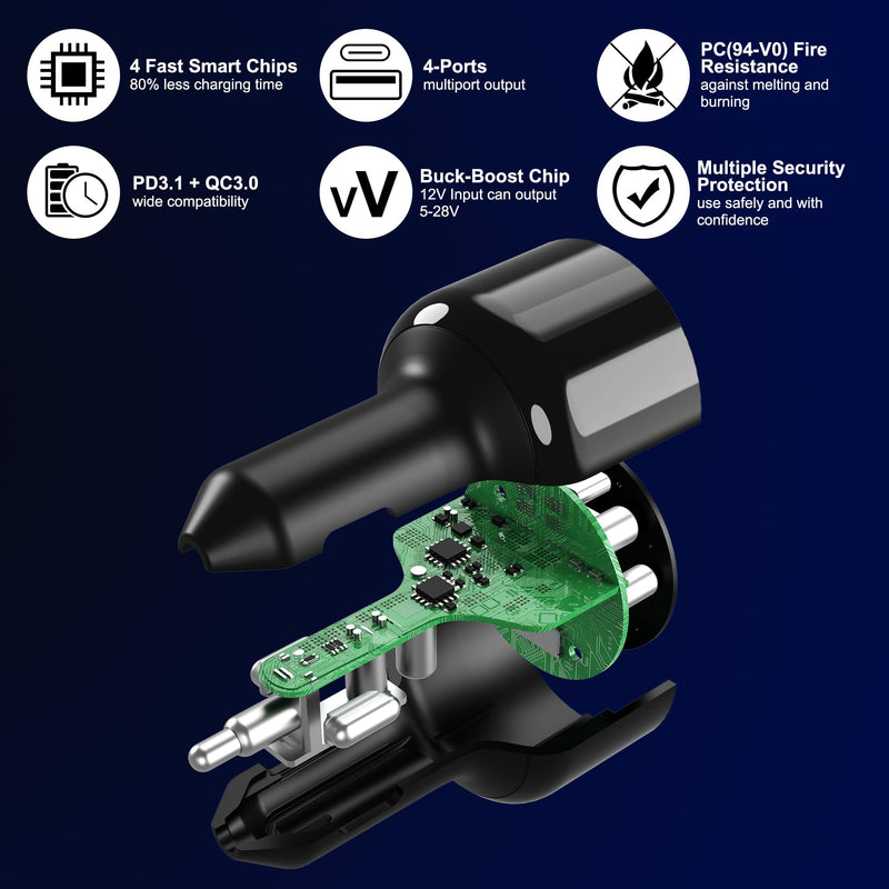 240W USB C Car Charger, Super Fast Charging 4-Ports PD3.1 140W/PD3.0 100W PPS 45W QC65W Type-C Car Adapter for MacBook Pro Laptop iPhone 16 15 Max iPad Samsung Galaxy S24/23 Pixel etc