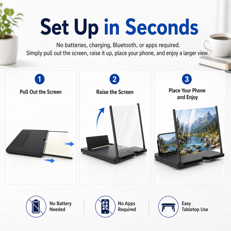 14 Inch Phone Screen Magnifier, Foldable 3D HD Cell Phone Screen Amplifier Stand, Portable Phone Screen Enlarger for Movies, Videos, Gaming, Reading & Seniors, Compatible with Most Smartphones, Black