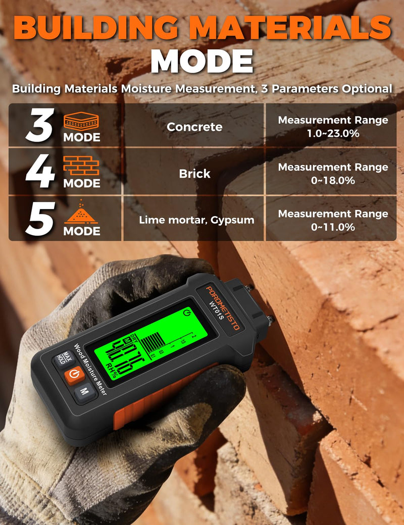 5 in 1 Moisture Meter, POROMETISTO 5 Modes Wood Moisture Meter with Three-Color Backlight, Data Hold & Max Measurement, Ideal for Wood (Oak/Pine/Walnut) and Building Materials