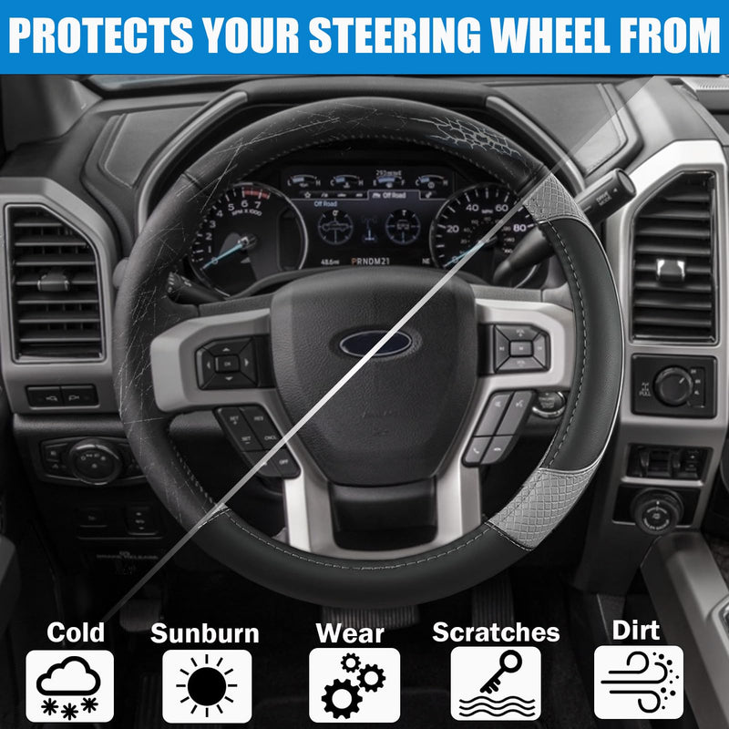 Steering Wheel Cover for Ford F-150, F-250, F-350, Expedition - Custom Fit 15.5-16 Inch Auto Car Accessory, Anti-Slip Grip & Durable Protection (15.5-16 inches - Gray) Large size (15 ½''-16'') Black + Gray