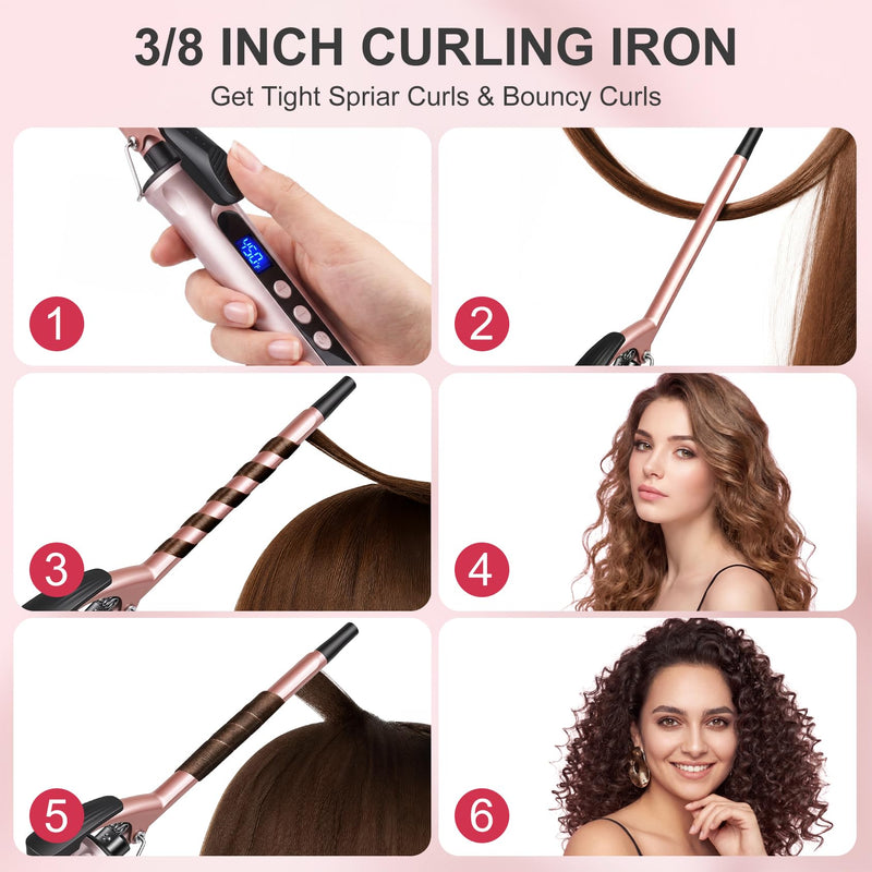 JAETON Curling Wand 9MM, Thin Curling Iron for Tight Curls with Clamp | Hair Curler for Long&Short Hair, Tourmaline Ceramic Barrel 30-Second Heat-Up, Pro Curling Tongs, 14 Temp 100℃-230℃