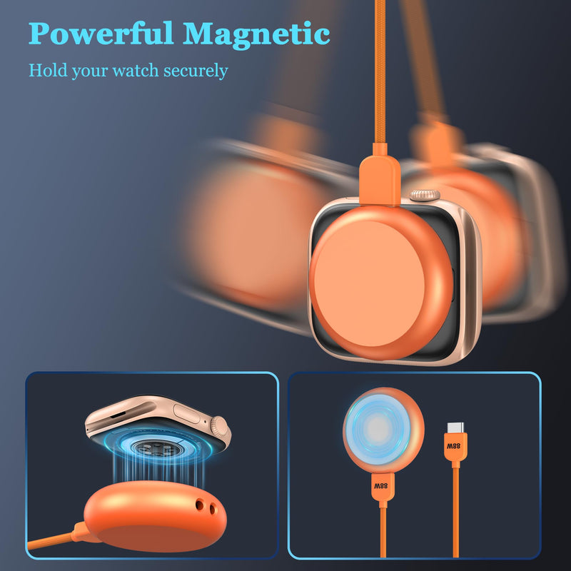 【5W】 Magnetic Charger for Apple Watch 11, 88W Cable iWatch Charger Adapter | Portable Wireless Charger ,Compatible with Apple Watch Series 11/10/9/8/7/6/5/4/3/2/SE/SE2/Ultra2/Ultra，NO Battery ,Orange Orange