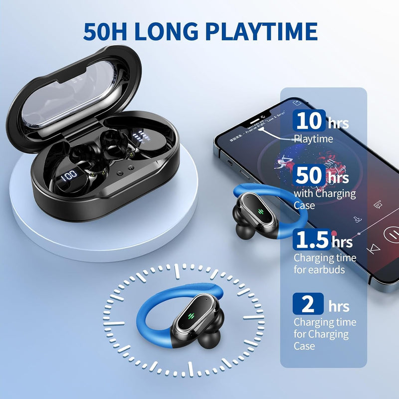 Wireless Earbuds, 2026 Bluetooth 5.4 Headphones, ENC Noise Canceling Mic | 60Hrs+ Stereo Wireless Headphones, IP7 Waterproof Bluetooth Earbuds, Sport Earhooks, Dual LED Display, for Workout, Running Loyal Purple