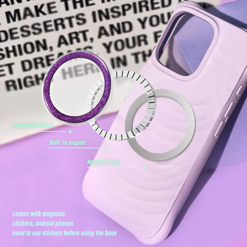 Magnetic Glitter Phone Holder Compatible with Phones, Foldable Phone Grip Stand for Magsafe Smartphones, Tablet,Phone Case - Transparent Purple Sparkly