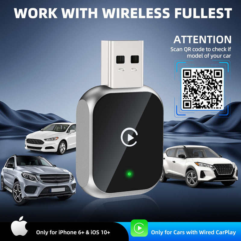 Wireless CarPlay Adapter for iPhone, 5.8GHz WiFi Bluetooth 5.3 Fast Auto Connect Dongle, USB A/C Dual Port Mini Metal Shell, Plug & Play Compatible with Factory Wired CarPlay Cars Silver