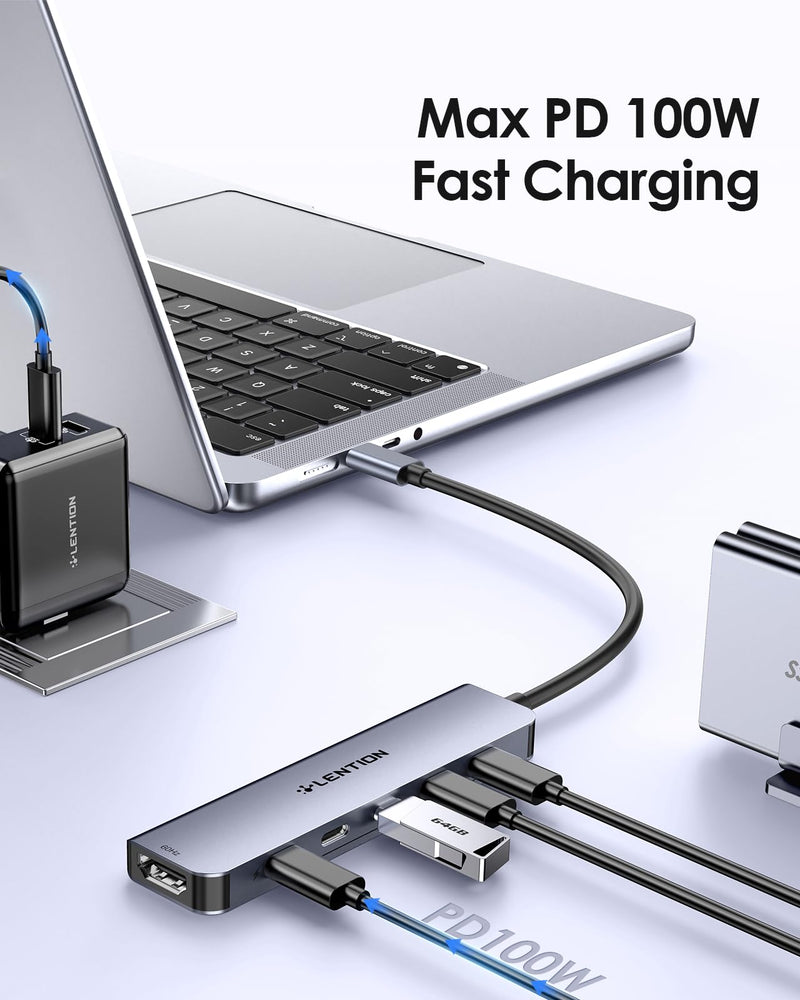 LENTION 6-in-1 USB C Hub Dock with 4K @60HZ HDMI Display, 4 USB-C Ports (USB 3.2 Gen 2, 10 Gbps), PD 100W Charging and for iPhone15 Series, New MacBook Pro, Mac Air, More (CE33, Space Gray) HDMI+4c+PD