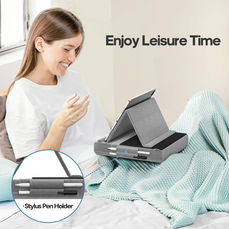 KDD Tablet Pillow Stand, Multi-Angle Viewing Ipad Holder for Lap, Bed and Desk, Foldable Soft Pad Dock with Stylus Mount Compatible with Ipad Pro 12.9, 10.5, 11, Air, Mini, Phones, Books, E-Reader Grey