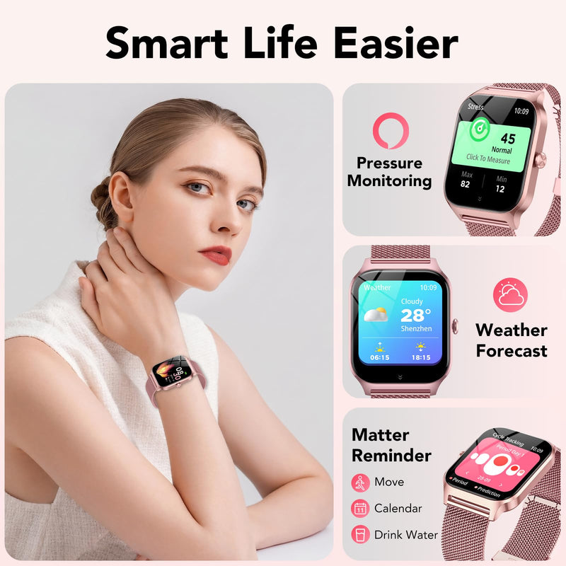 Smart Watch for Women, Answer/Make Call/AI Voice,1.85" HD Smartwatch Compatible for iPhone/Samsung/Android,120+Sport Modes Fitness Tracker with Heart Rate/Sleep Monitor, IP68Waterproof (2 Bands) Rose