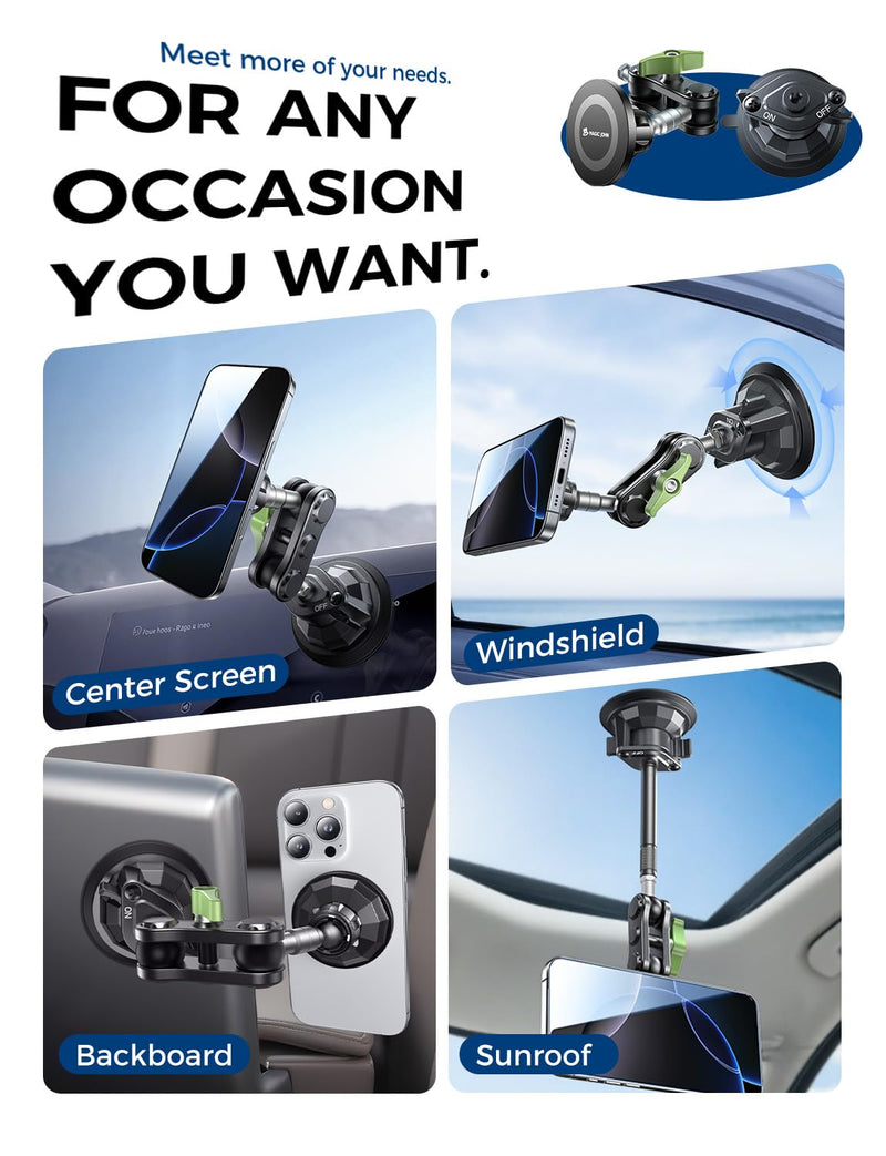 MAGIC JOHN Magnetic Car Phone Holder, Windshield Metal Suction Cup Mount | 360 Degree Rotatable, Strong Suction & Magnetic Force, Solid Metal Frame, Easy Installation Extended