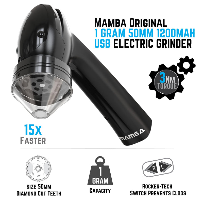 Mamba Original 1g Black USB Electric Herb Grinder. Small Portable Metal Herbal Machine & Spice Mill for the Kitchen Black & Black