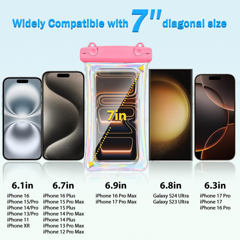 DLseego 2-Pack Iridescent Floating Waterproof Phone Pouch, Pink & Blue Laser TPU IPX8 Dry Bag with Lanyard, Touch Screen Waterproof Case Fit Up to 7 Inch Phone for Swimming Beach Snorkeling Rafting