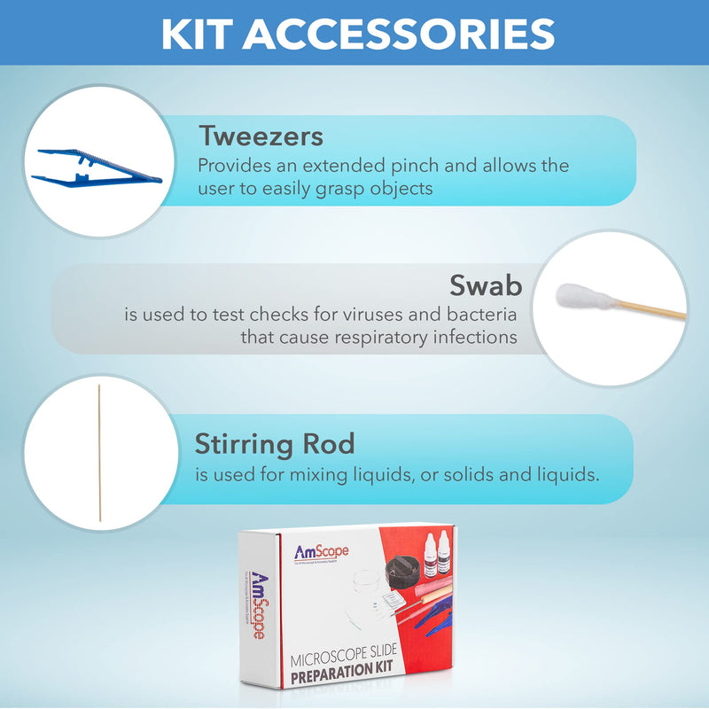 AmScope Microscope Slide Preparation Kit - Includes Blank Microscope Slides, Eosin Red & Methylene Blue Stain Powders, Tweezers, Swab & More - 22-Piece Kit 1 Count (Pack of 1)