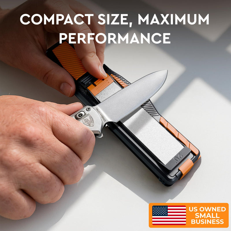 8-in-1 Pocket Field Knife Sharpener – Guided Diamond Whetstones, Diamond Rod, Leather Strop, 2 Sharpening Slots, Fire-Starter Ferro Rod & Whistle – Outdoor, Yard, Camping by Orange Ninja