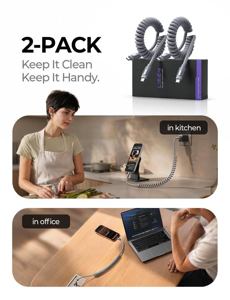 LISEN Coiled USB C Cable 2 Pack 60W Chubby Cable C to C Cable Fast Charging | for Car CarPlay & Android Auto Durable Silicone USB C to USB C Cord for iPhone 17/16 Pro Max, Samsung Galaxy S25,Short 3.5FT Space Gray