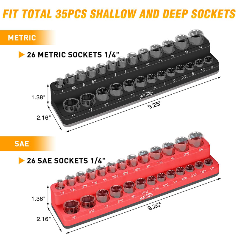 GOOACC 1/4" Magnetic Socket Organizer Set, 2-Piece Metric & SAE Socket Drive Holders, 1/4 inch Drive Socket Organizer Set Holds 52 Standard Sockets for Tool Box 1/4" SAE & Metric